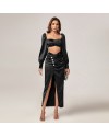 Square Neck Backless Ruched Slit Satin Two-Piece Set