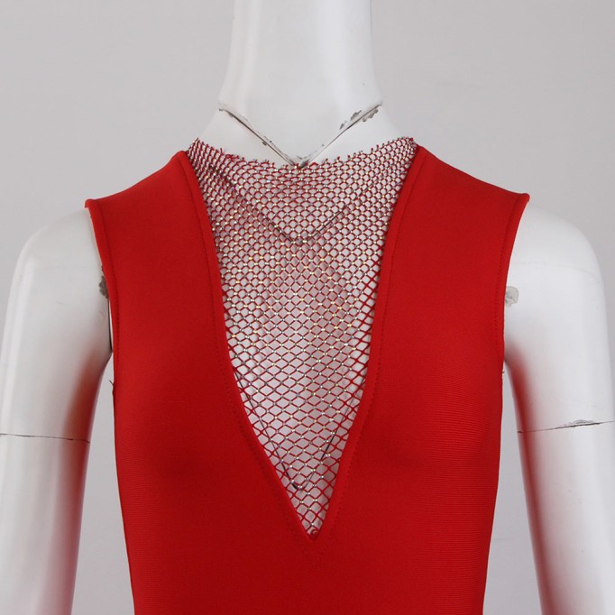 Round Neck Sleeveless Rhinestone Mini Bandage Dress