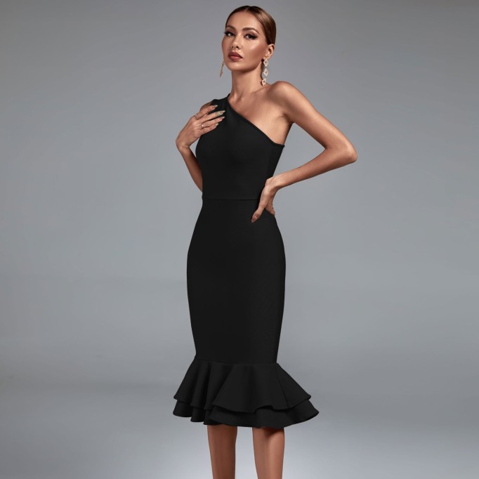 One Shoulder Fishtail Midi Bandage Dress