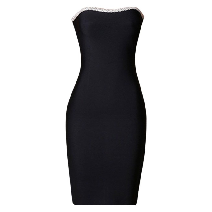 Black Strapless Sleeveless Midi Rhinestone Bandage Dress PZC1031