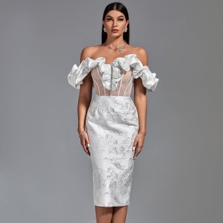 Off Shoulder Pleated Midi Elegant Bodycon Dress